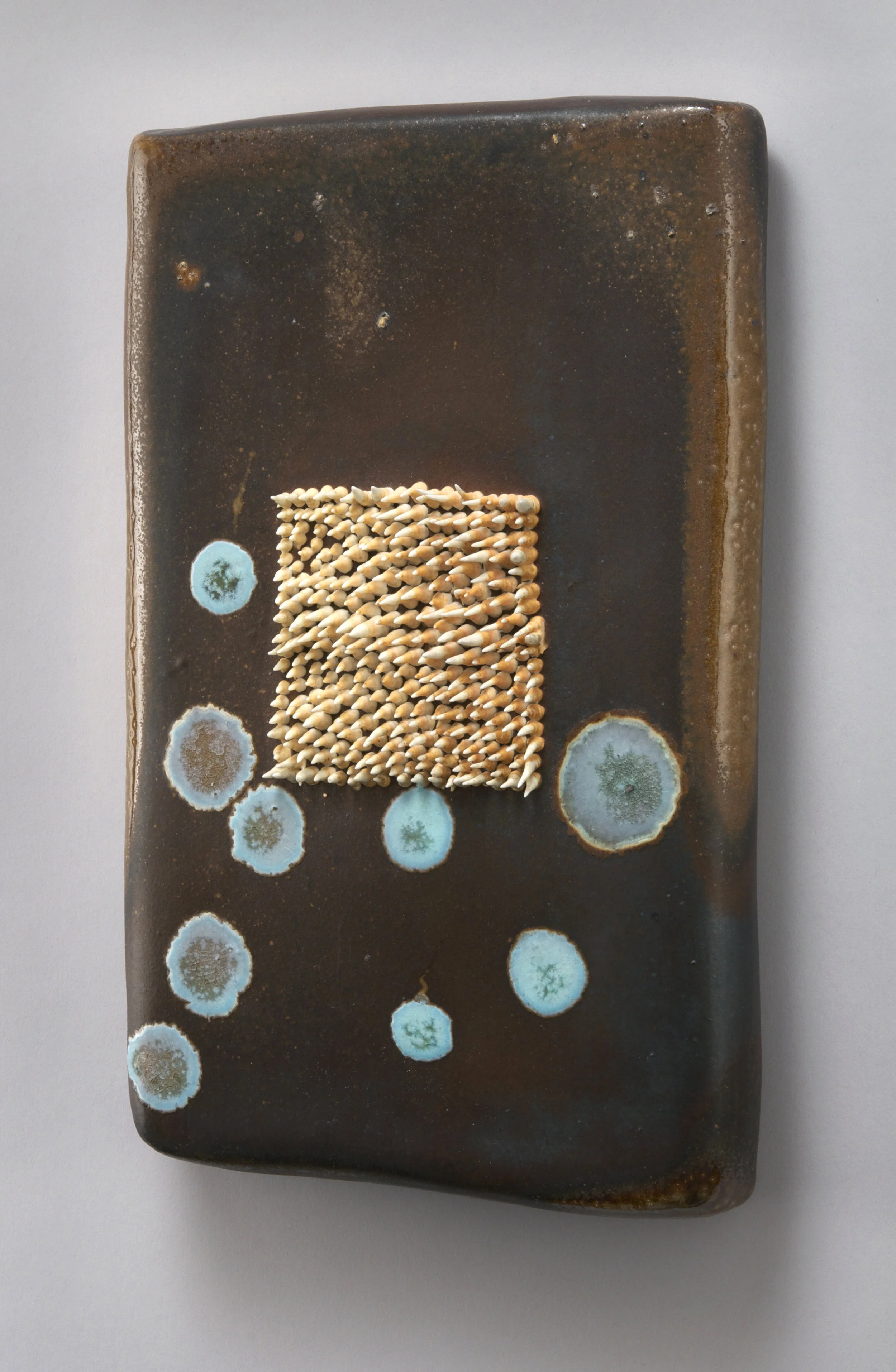"Blue Dots" stoneware/porcelan Wood-fired 14" x 8" x 3"