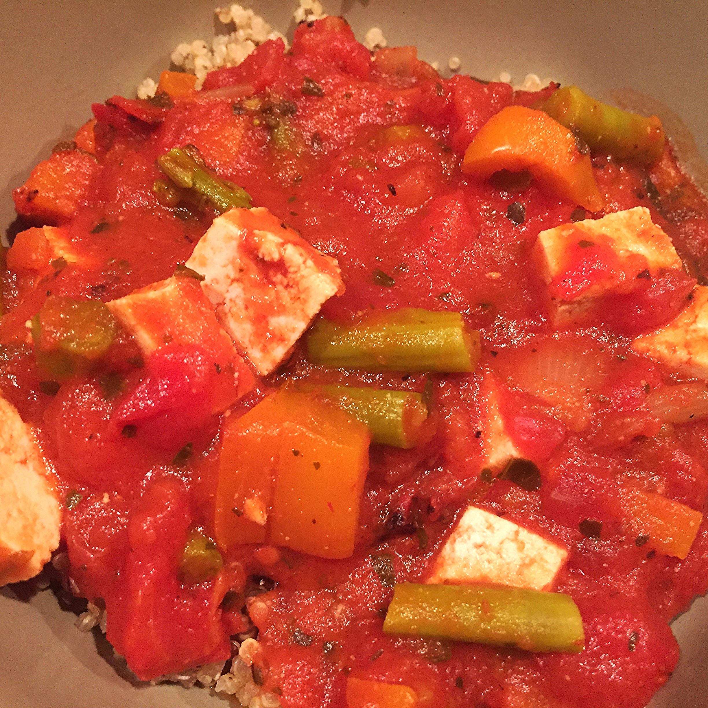 Tofu asparagus marinara with quinoa