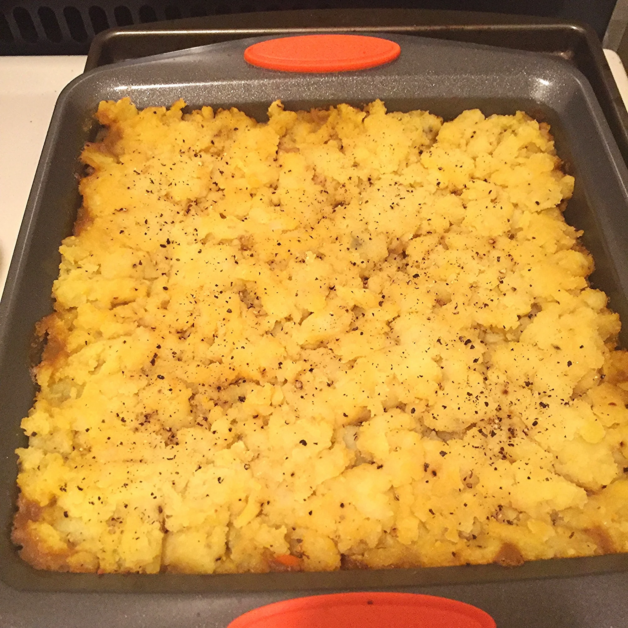 Vegan shepherd's pie right out of the oven