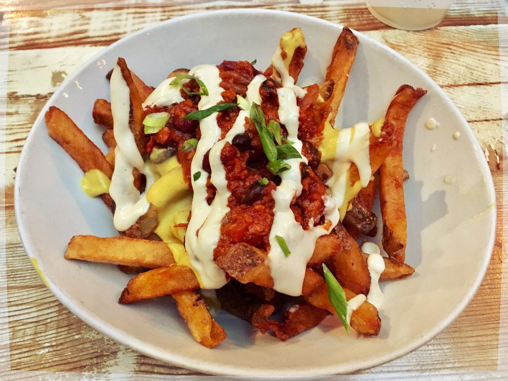 Vegan chili cheese fries from MeeT in Vancouver, BC