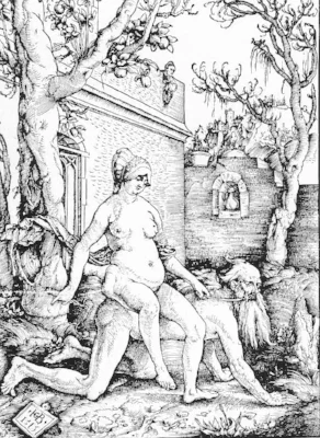 Woodcut of Aristotle ridden by Phyllis by Hans Baldung, 1515