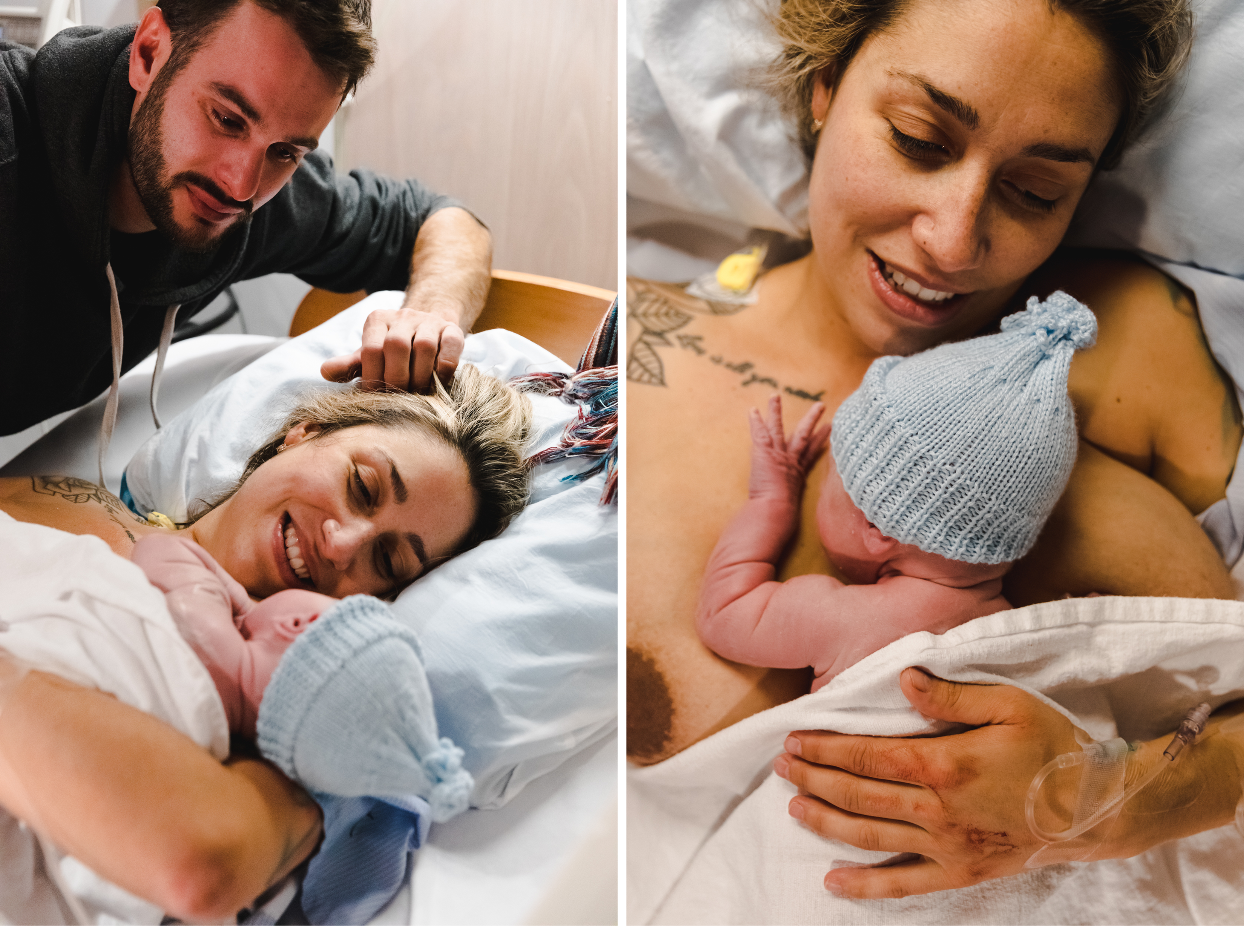Photo de famille dans un lit d'hôpital après accouchement