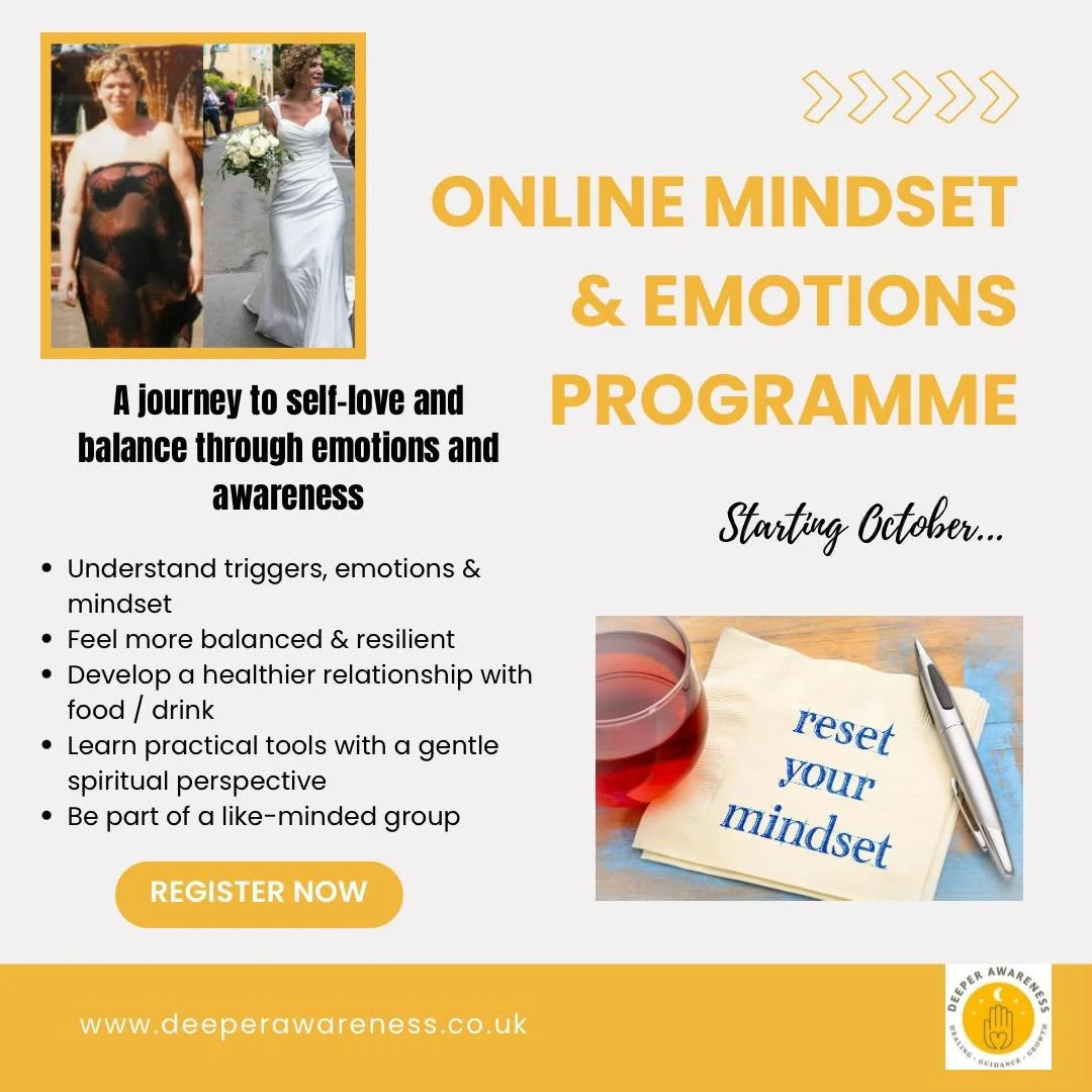 ✨ 𝙉𝙀𝙒: 𝙊𝙣𝙡𝙞𝙣𝙚 𝙈𝙞𝙣𝙙𝙨𝙚𝙩 & 𝙀𝙢𝙤𝙩𝙞𝙤𝙣𝙨 𝙋𝙧𝙤𝙜𝙧𝙖𝙢𝙢𝙚 – 𝙊𝙘𝙩𝙤𝙗𝙚𝙧 2025 ✨
I’m thrilled to invite you to a 6-session journey designed to heal your relationship with food and / or alcohol, shift mindset and em