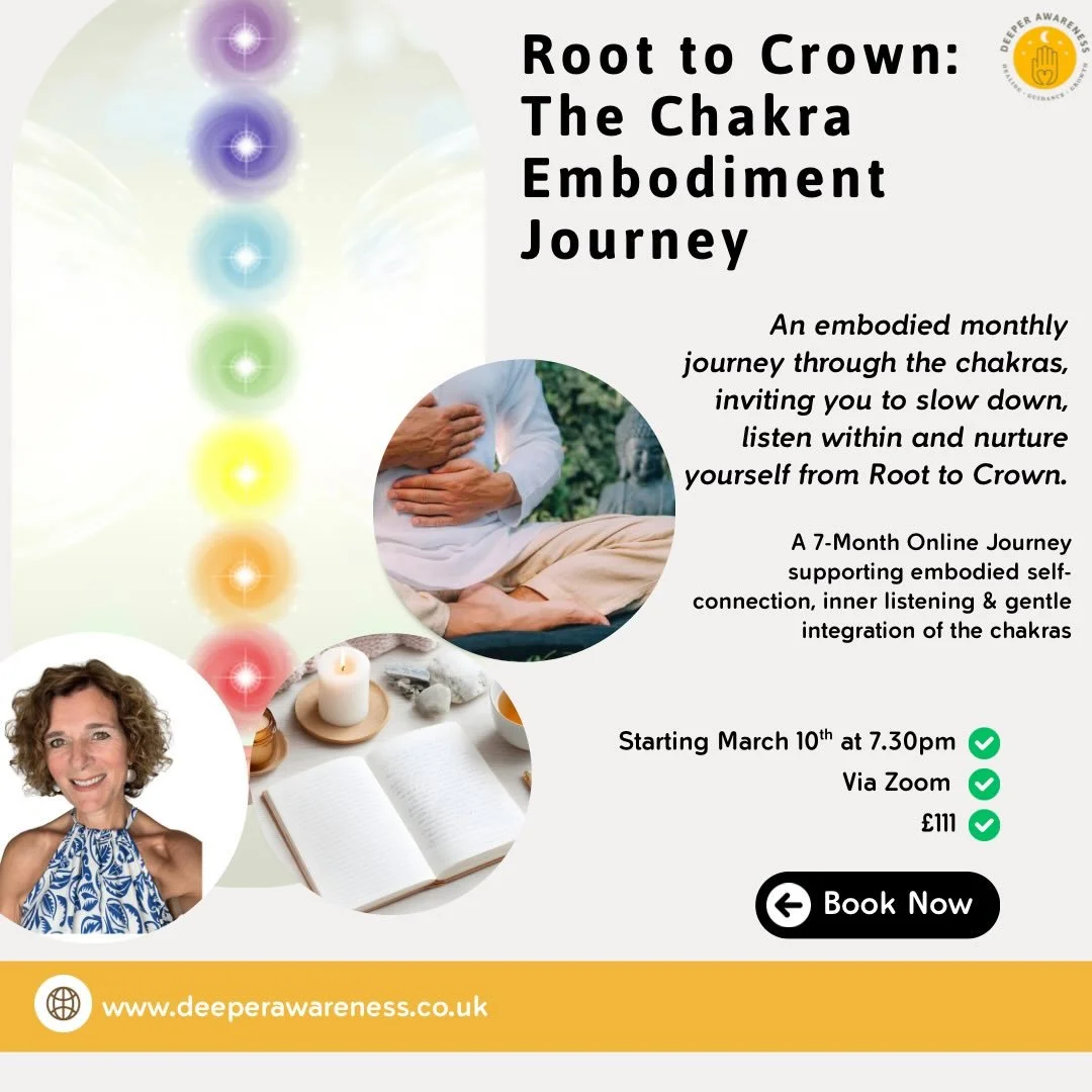 𝐑𝐨𝐨𝐭 𝐭𝐨 𝐂𝐫𝐨𝐰𝐧: 𝐓𝐡𝐞 𝐂𝐡𝐚𝐤𝐫𝐚 𝐄𝐦𝐛𝐨𝐝𝐢𝐦𝐞𝐧𝐭 𝐉𝐨𝐮𝐫𝐧𝐞𝐲
❤️🧡💛💚💙💜

A gentle, monthly online journey from March to October.

This is a calm, spacious invitation to slow down, listen inwardly and reconnect with yourself thr