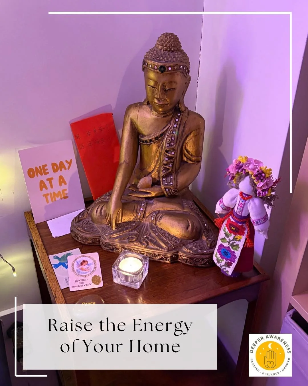 Your home holds energy just like people do.

When the energy is clear and balanced, your home feels peaceful, calm and supportive.

Here are 4 simple ways to raise the vibration of your space:

🕯️ Create a sacred altar space and light a candle there