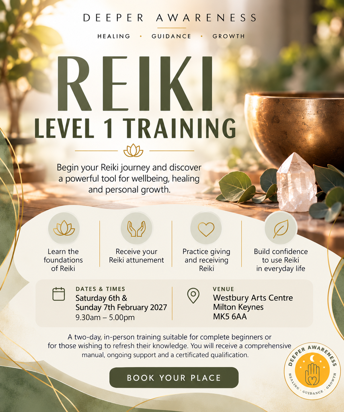 Reiki Level 1 Training – Feb 2027 (Milton Keynes)