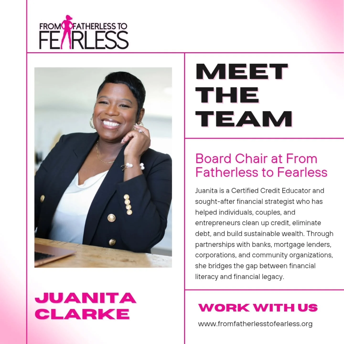 ✨ We&rsquo;re honored to welcome Juanita Clarke as our new Board Chair at From Fatherless to Fearless ✨

Please join us in celebrating Juanita Clarke, Founder &amp; CEO of My Brilliant Finish, as she steps into this powerful leadership role with From