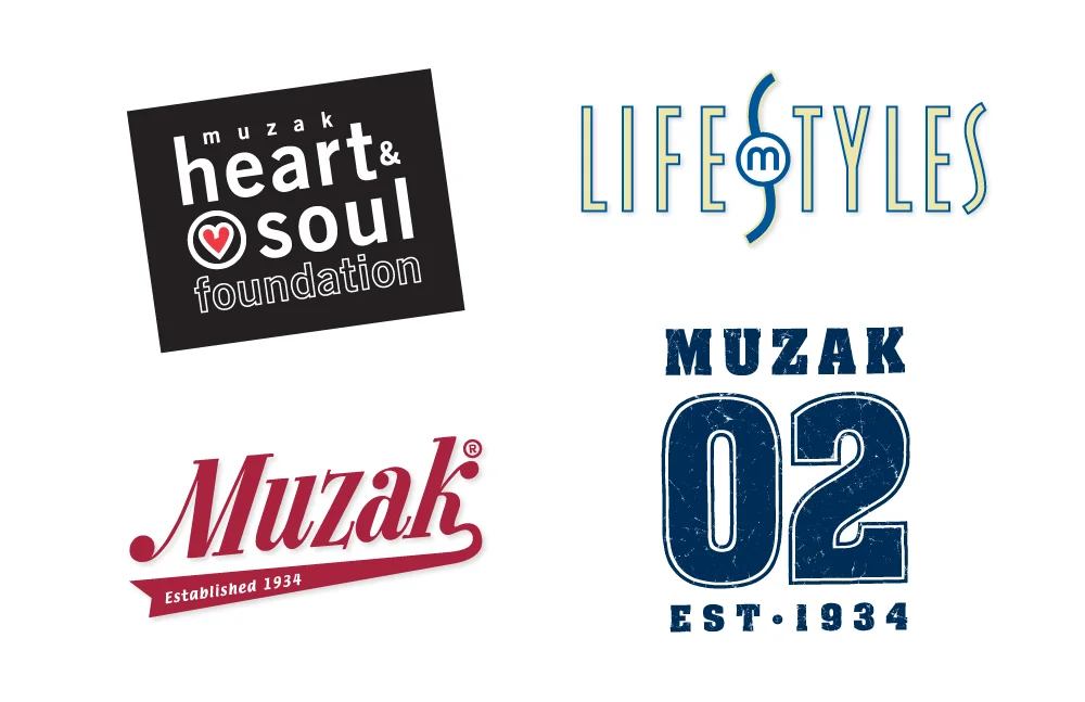  Collection of Muzak Logos used for external and internal marketing, including applications to clothing and other promotional materials. Heart &amp; Soul Foundation, Lifestyles music program, and other Muzak logos for grassroots promotional efforts. 
