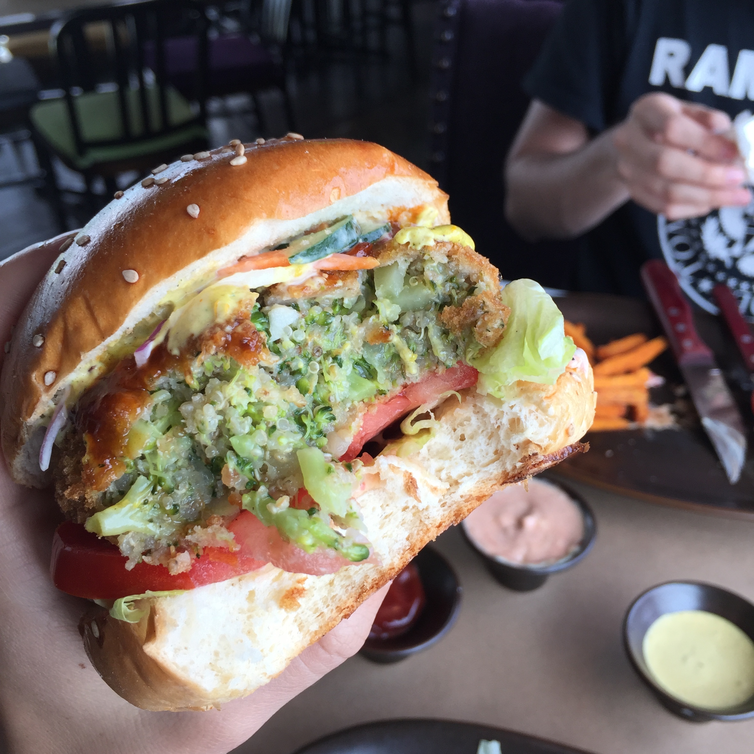 Broccoli burger at Papachos in Miraflores (Lima), Peru.