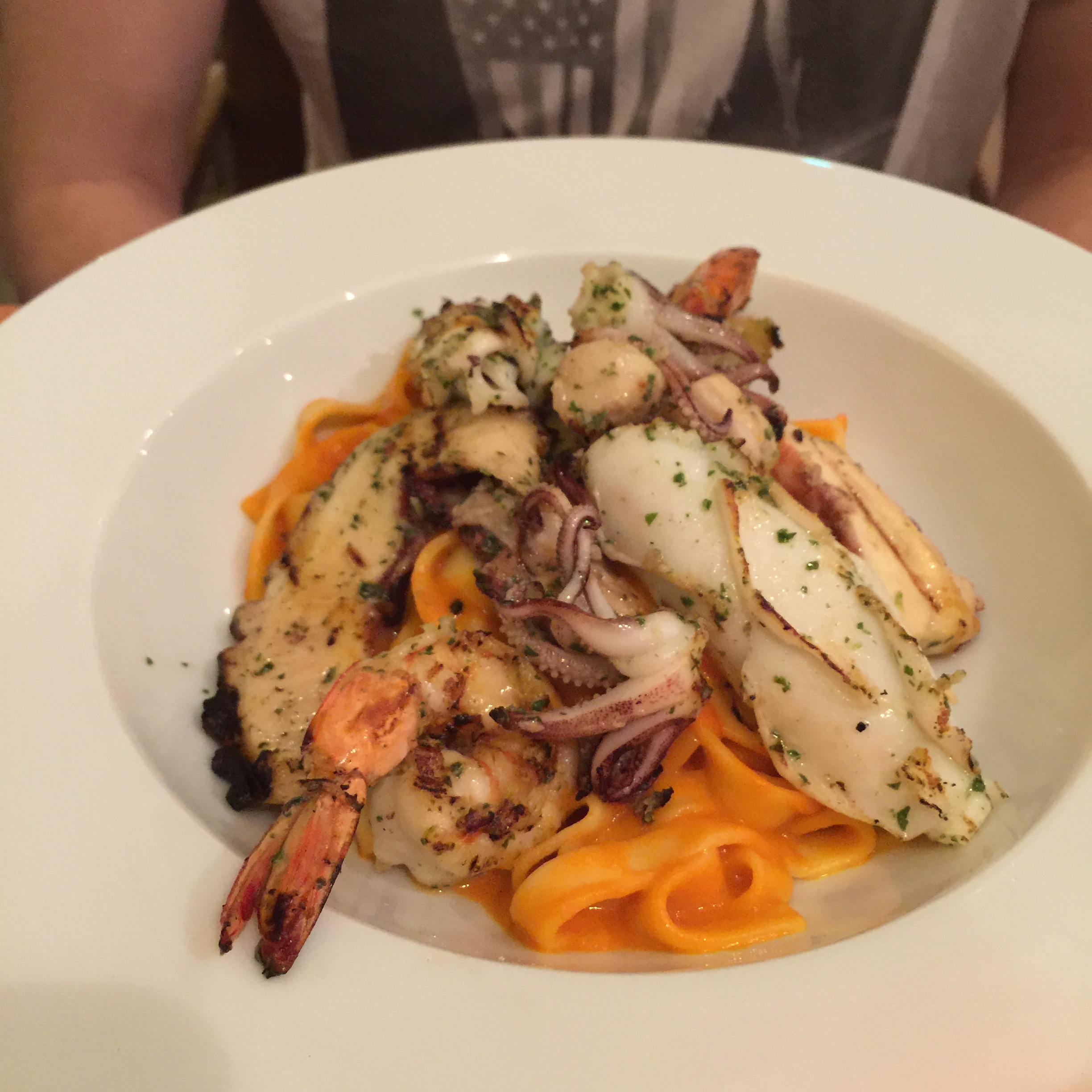 Seafood fettuccine (Octopus, Squid, Shrimp, Scallops) at Pescado Capitales in Miraflores (Lima), Peru.