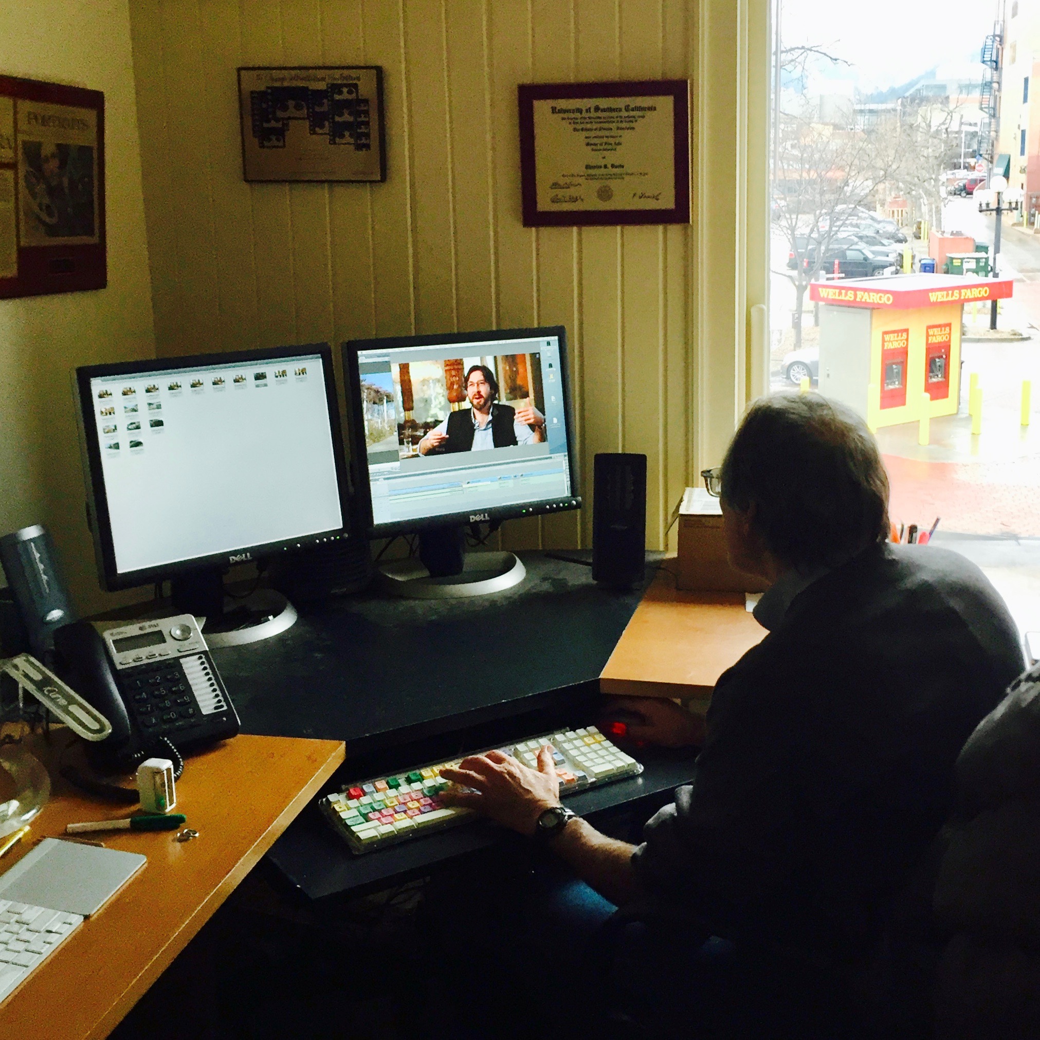 Filmmaker, Chuck Davis, editing interview footage from the Teahouse in Boulder.