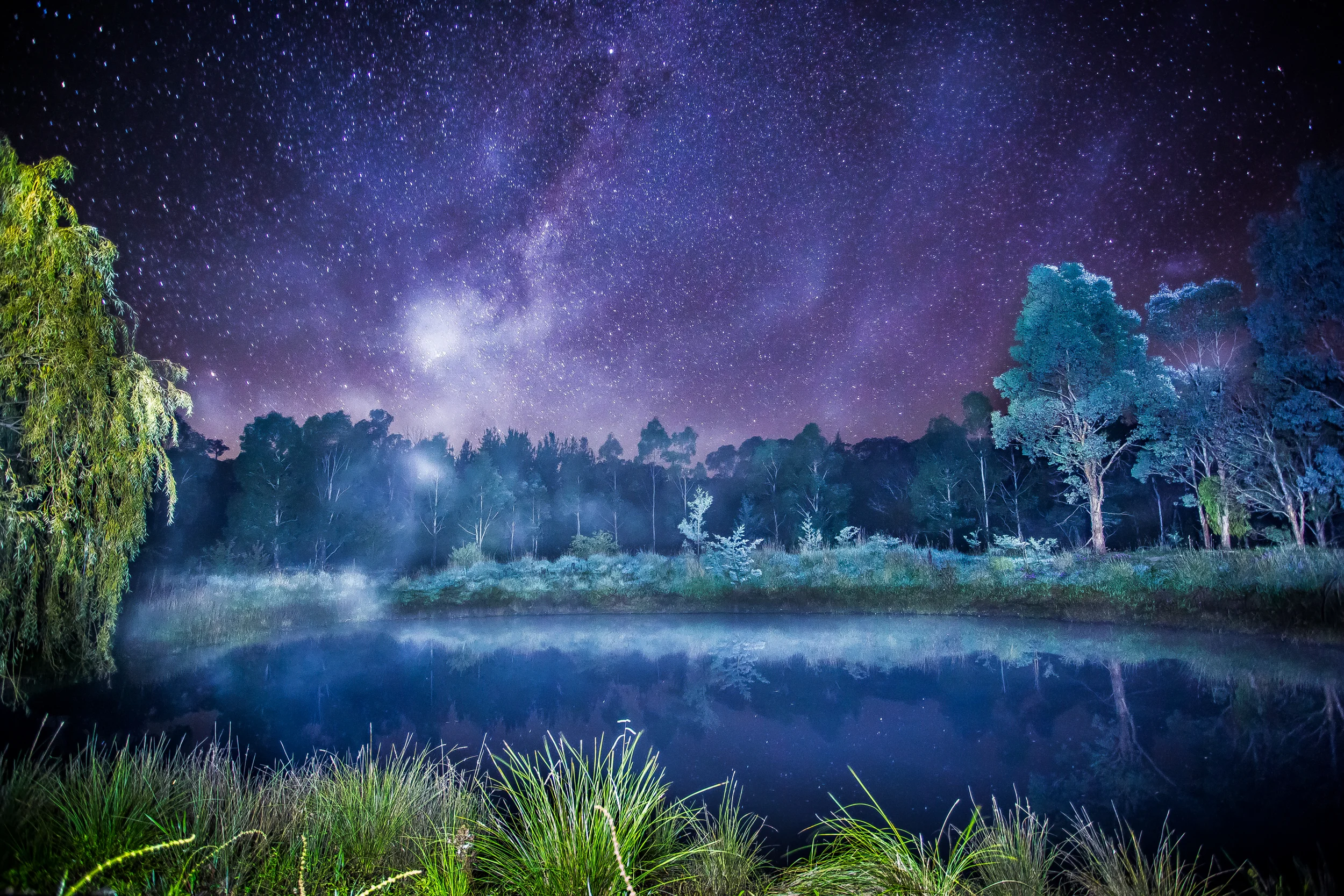 One of my award-winning star photographs I took back in April of the Milkyway reflecting light onto a small dam. The temperature was close to 0 if not below and the water was creating fog which was rising from the dam and slowly drifting away. 