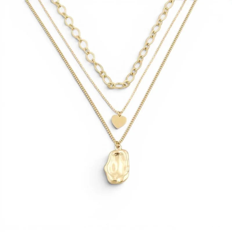 Gold triple layered charm necklace for women.