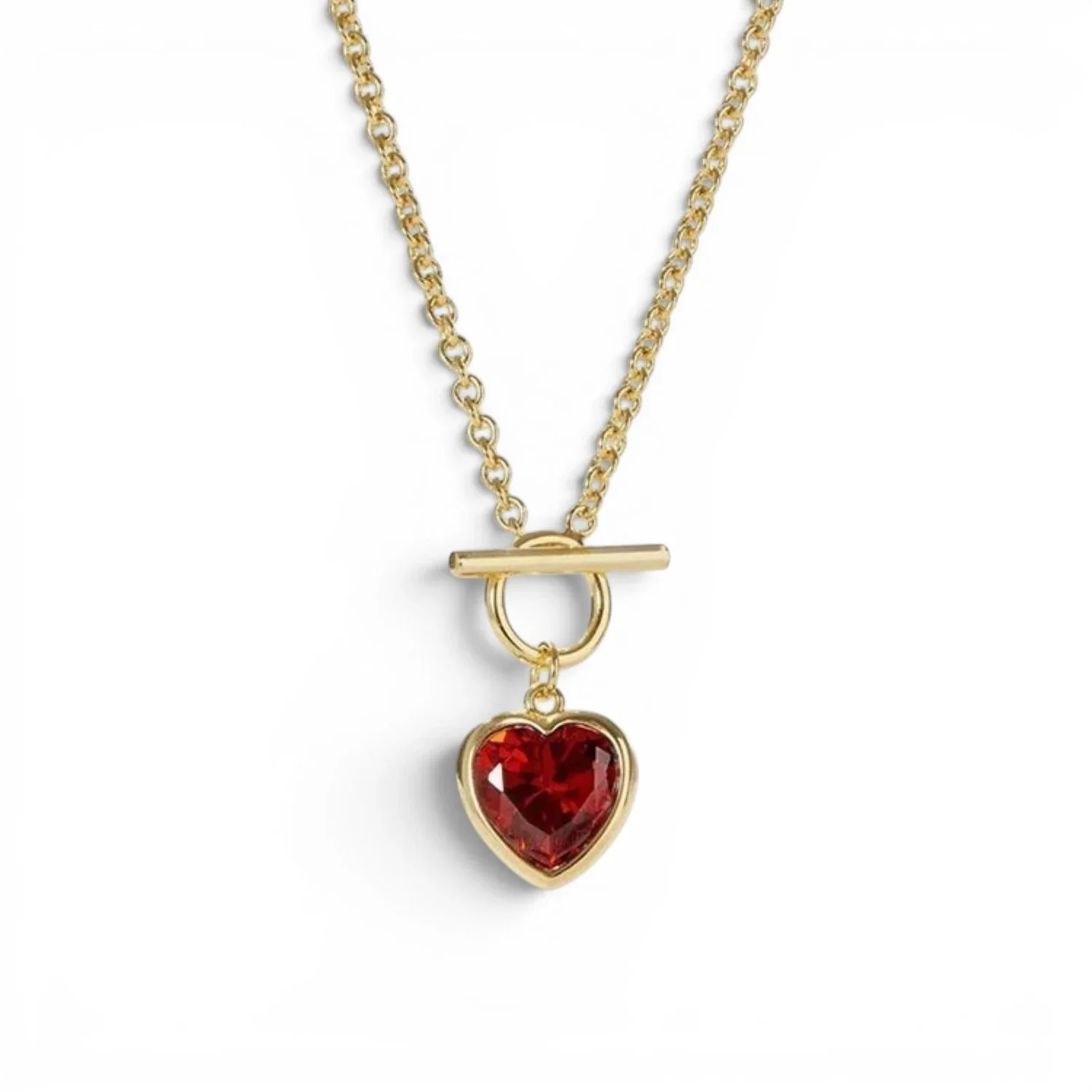 Love Me Gold Red Heart Pendant Toggle Necklace featuring a vibrant red heart pendant with a polished gold chain and elegant toggle clasp design.
