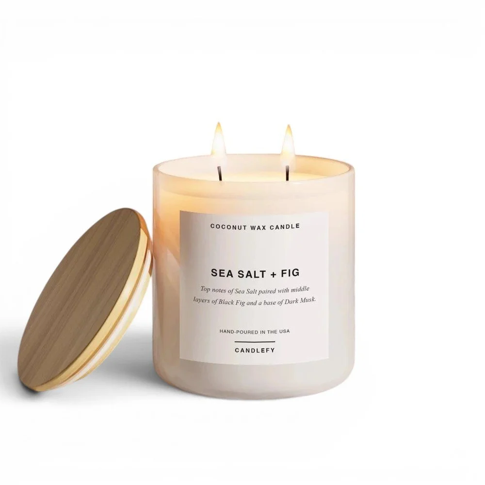 Salt + Fig scented coconut wax candle with a lead free double cotton wick.