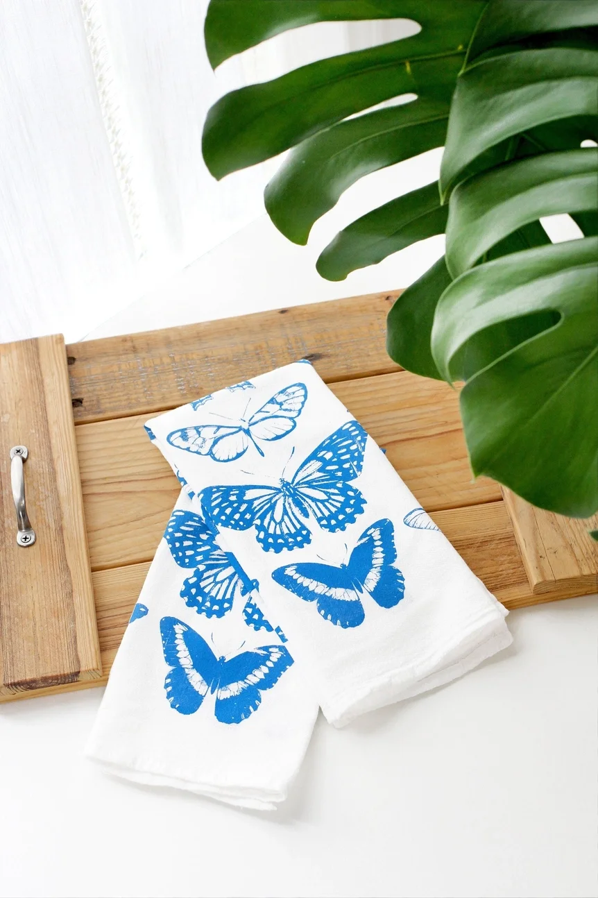 Blue butterfly cotton tea towel.