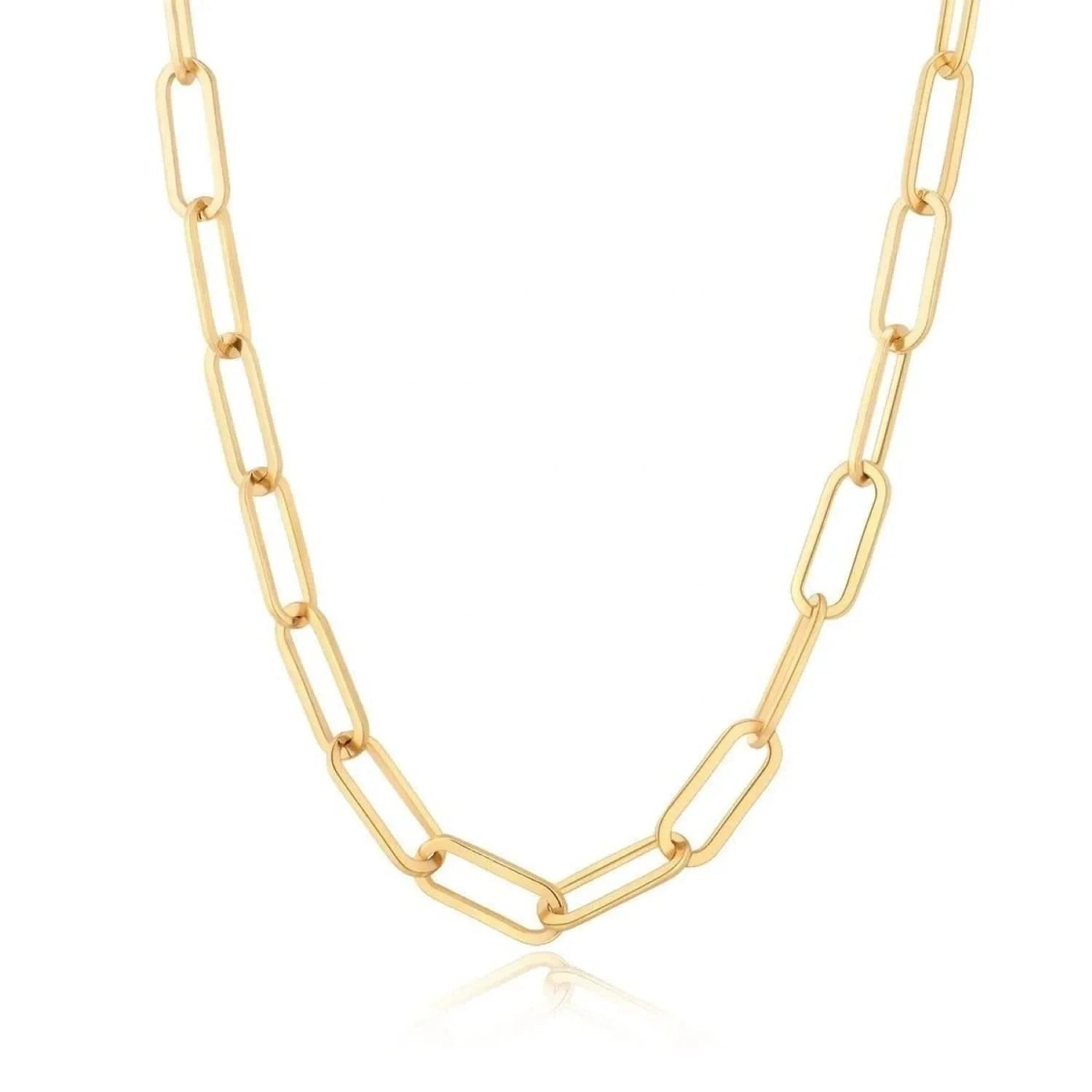 Gold Chain Link Necklace featuring interlocking chain links with a polished gold finish and a timeless statement jewelry design.