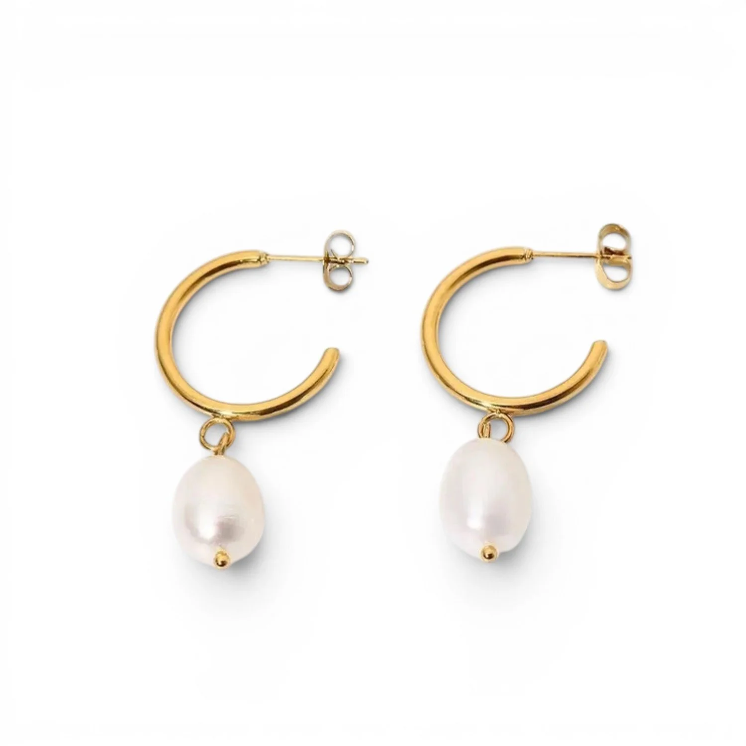 Gold pearl hoop earrings for women.