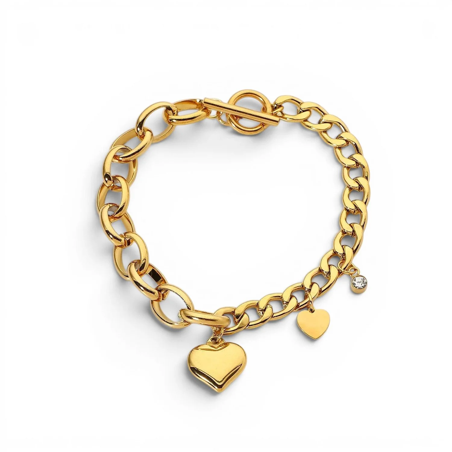 Gold chain link bracelet with toggle closure and heart charms.