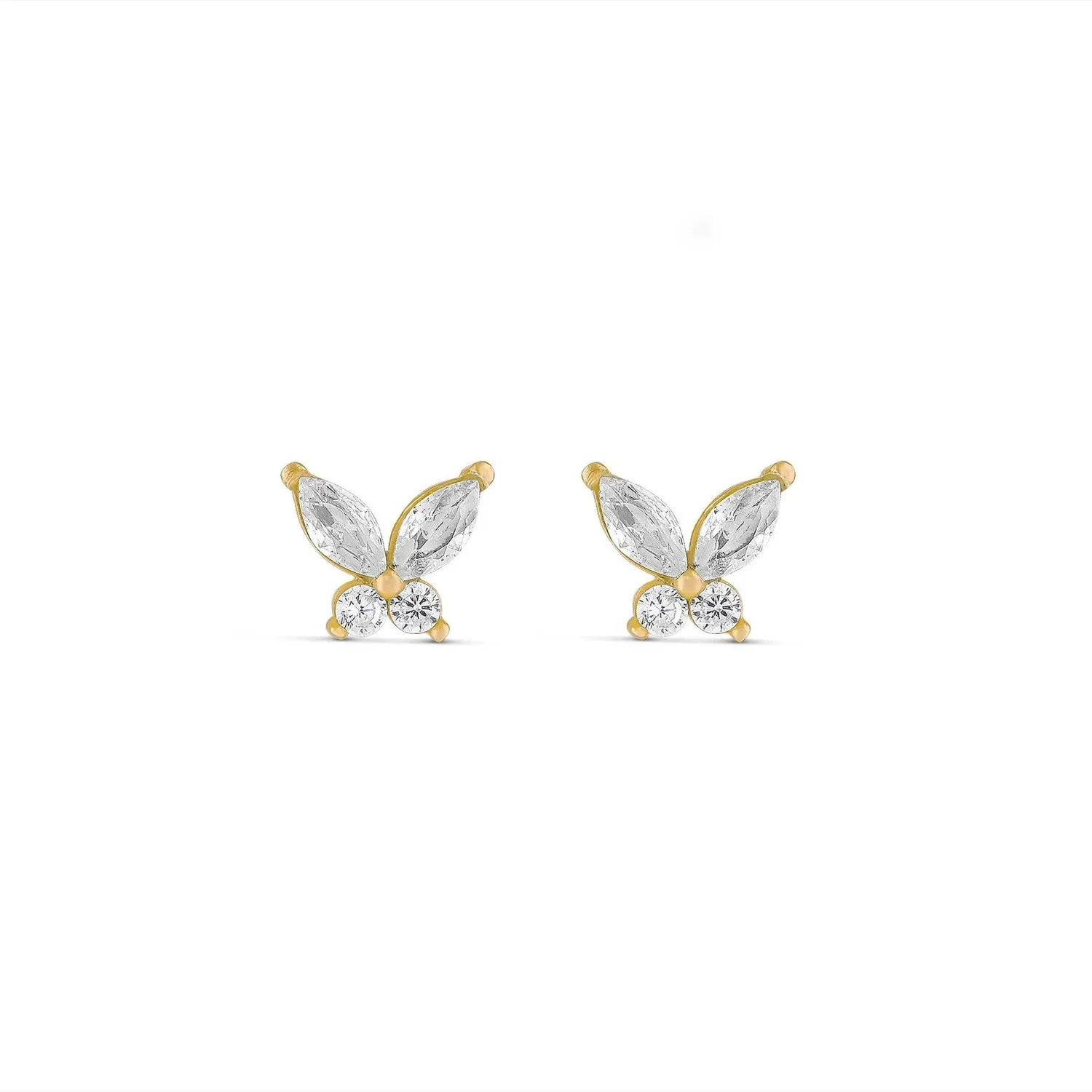 Gold Butterfly CZ Stud Earrings featuring delicate butterfly designs with sparkling cubic zirconia stones and a polished gold finish.