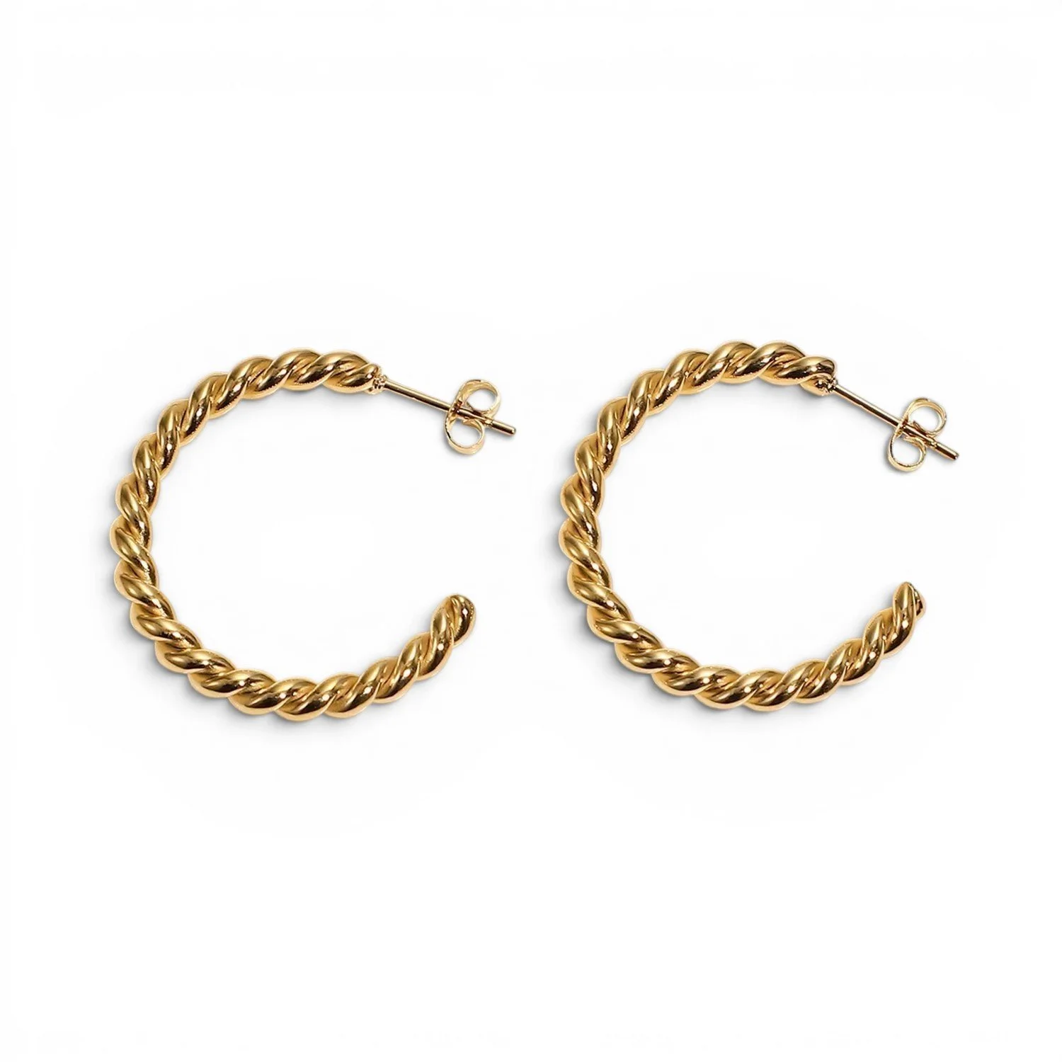 Gold twisted hoop earrings for women.