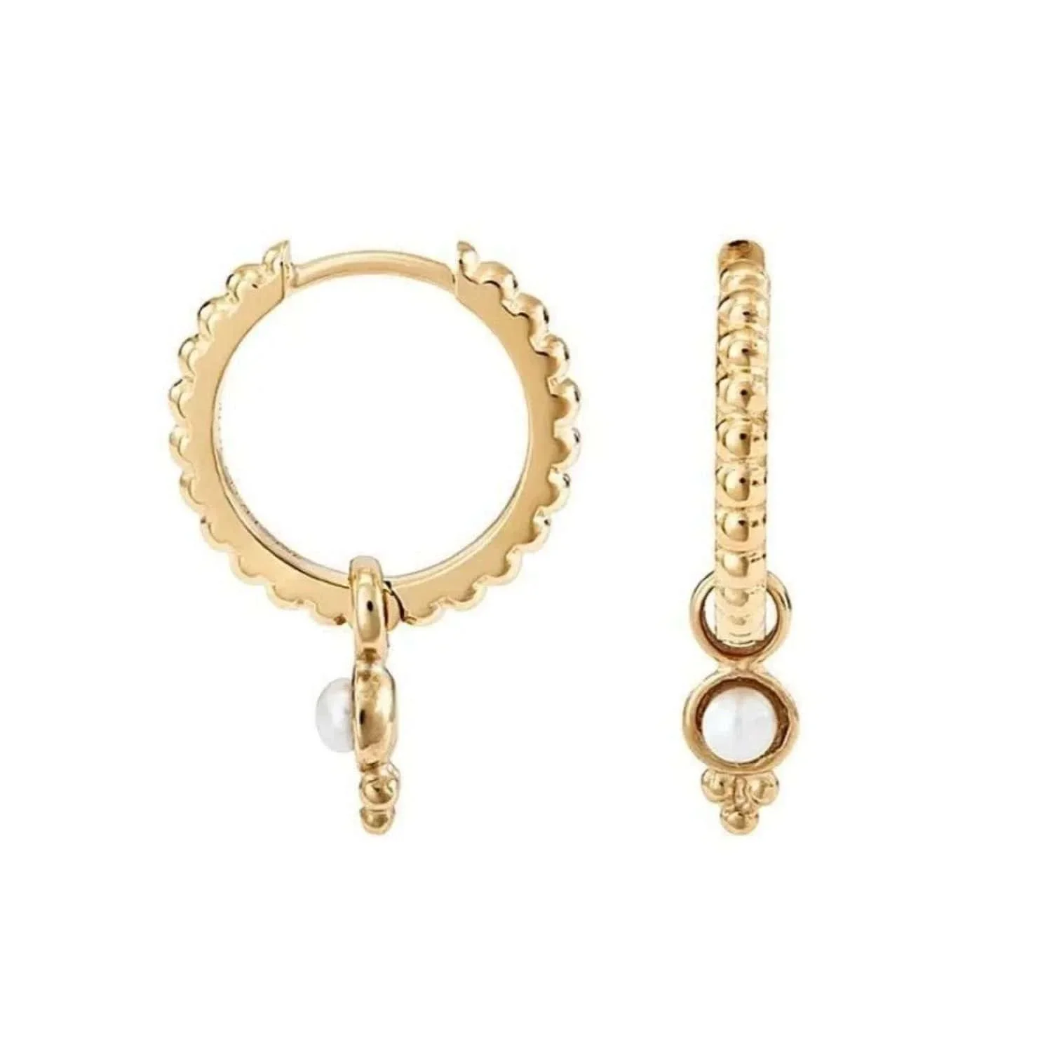 Bali Beaded Freshwater Pearl Gold Huggie Earrings featuring delicate beaded gold hoops with lustrous freshwater pearl accents and an elegant coastal-inspired design.