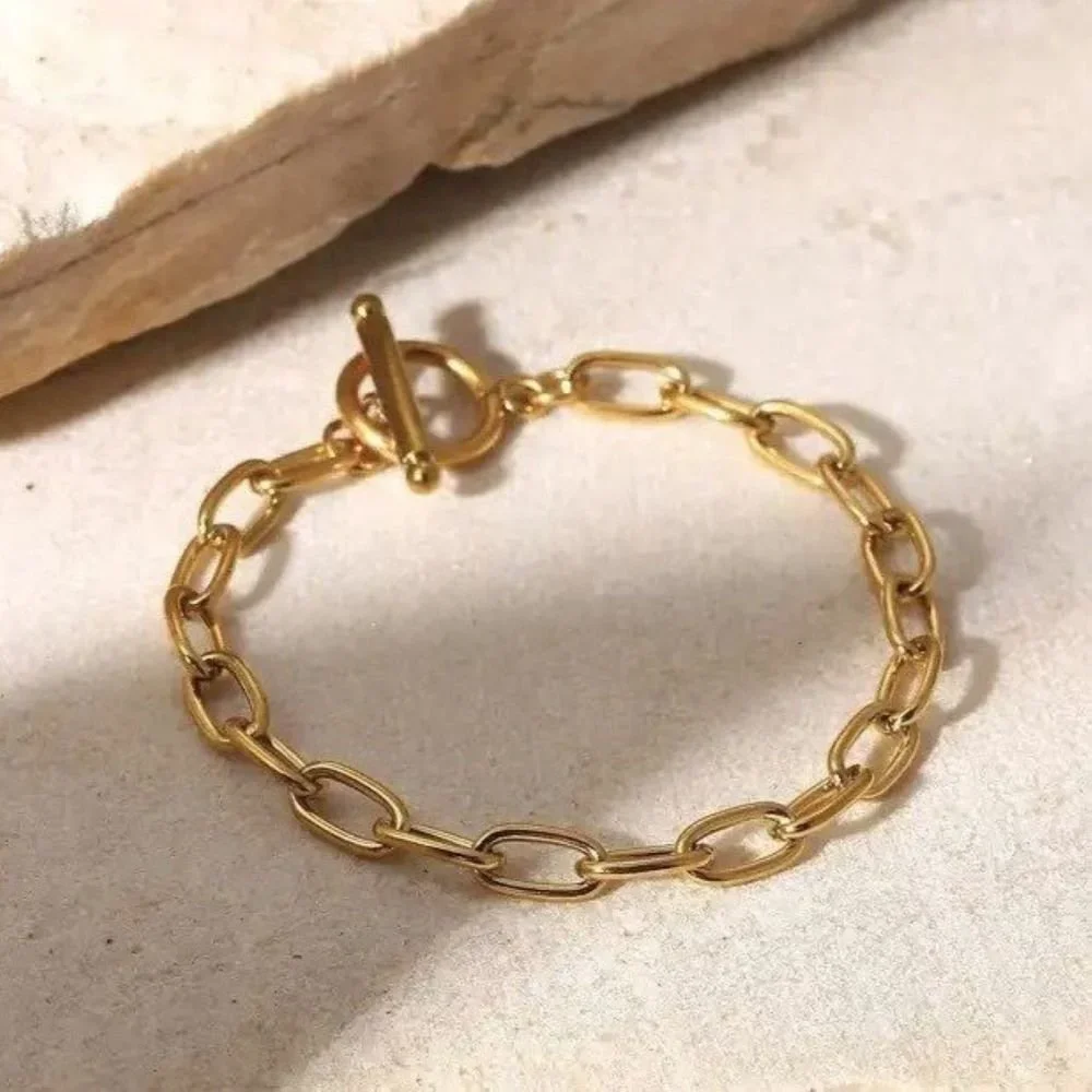 Gold Chain Link Toggle Bracelet for women featuring a timeless statement design, polished gold links, and versatile styling for any occasion.