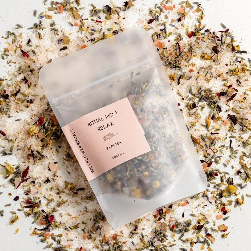 A 3 oz bag of lavender chamomile scented bath tea for relaxation and peace.