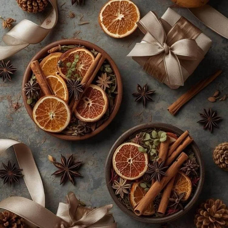 Festive Christmas scented candle with a woodsy pine and cedar aroma, warming holiday spices, and sweet caramel notes, offering up to 100 hours of burn time.