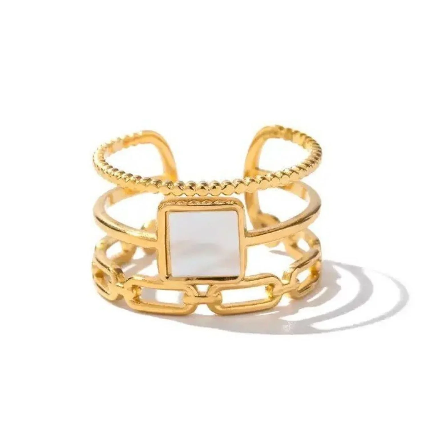 Athena Adjustable Gold Solitaire Mother of Pearl Ring featuring a luminous mother of pearl gemstone centerpiece with a polished gold band and elegant solitaire design.