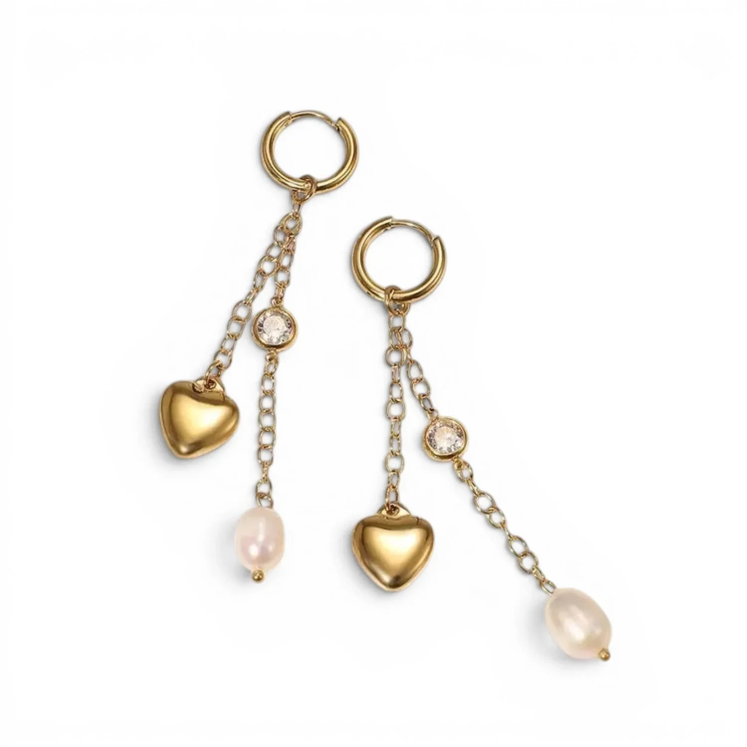 Eternal Love Pearl Heart Gold Drop Earrings featuring delicate heart designs with lustrous pearl accents and a polished gold finish for a romantic jewelry look.