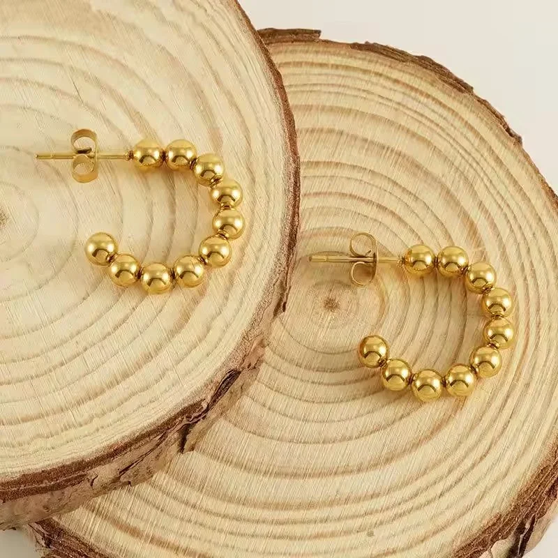 PVD Gold Beaded Hoop Earrings for women, a timeless jewelry gift perfect for birthdays, anniversaries, and special occasions.