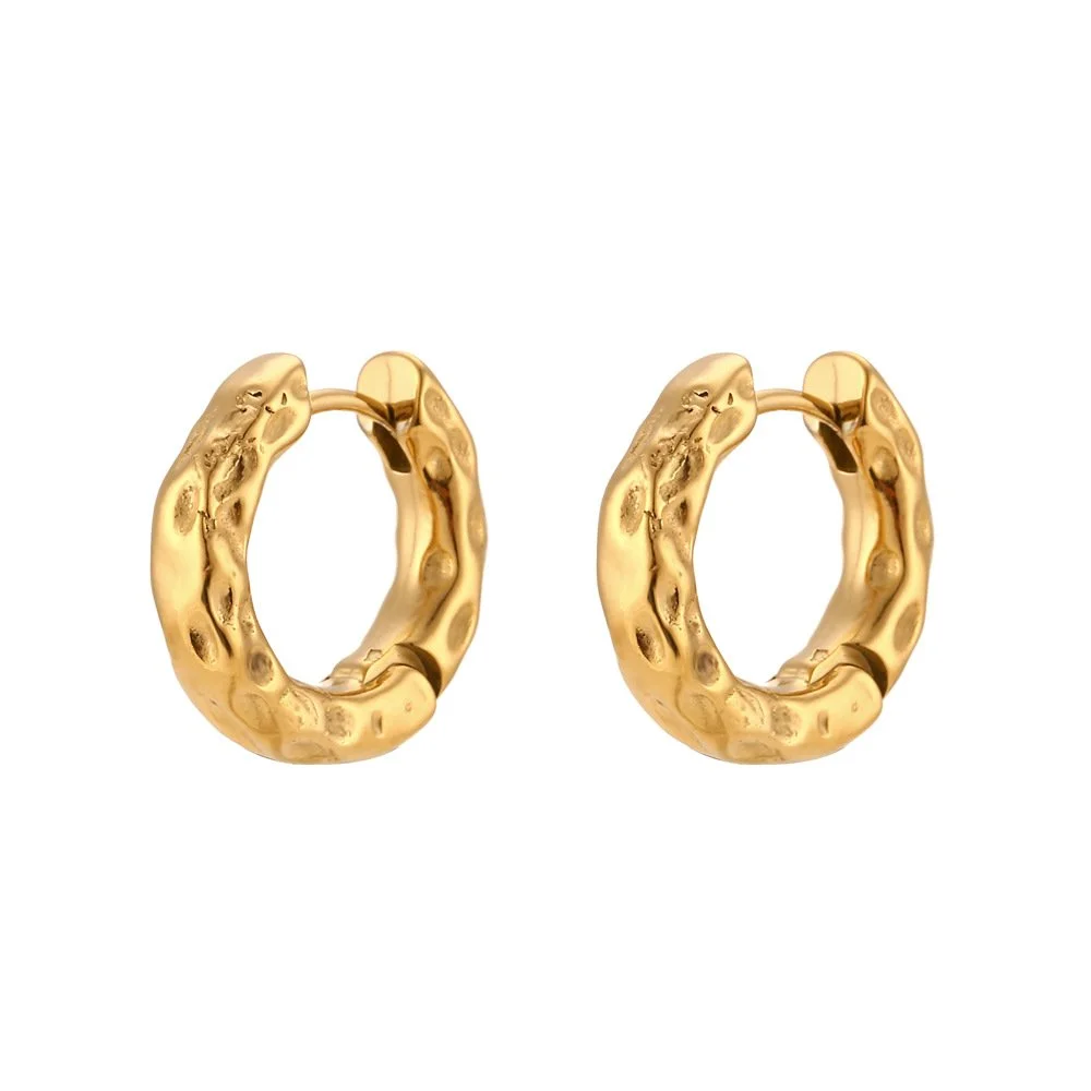 Gold hammered hoop earrings for women.