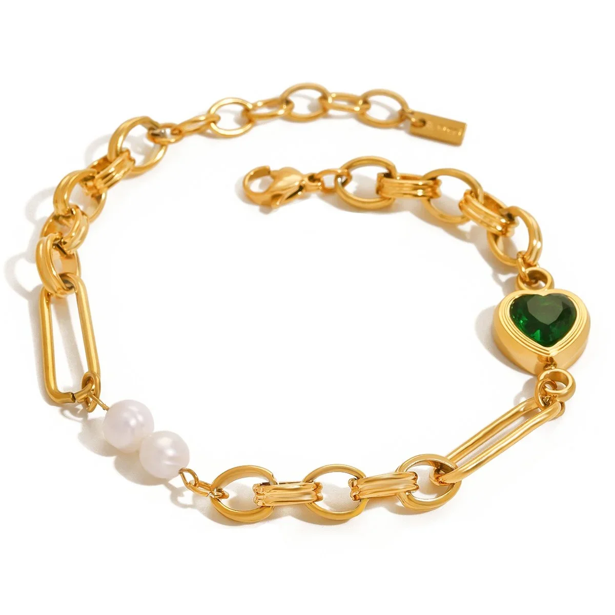 Emerald Heart Charm Bracelet with Pearls featuring a PVD gold finish, delicate heart charm, and elegant pearl accents.