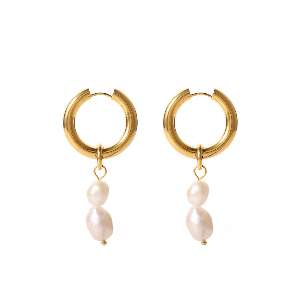 Double pearl gold hoop earrings for women.