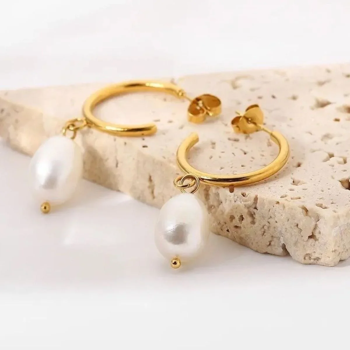 Gold Pearl Drop Hoop Earrings for women, a classic pearl jewelry gift perfect for birthdays, weddings, anniversaries, and elegant celebrations.