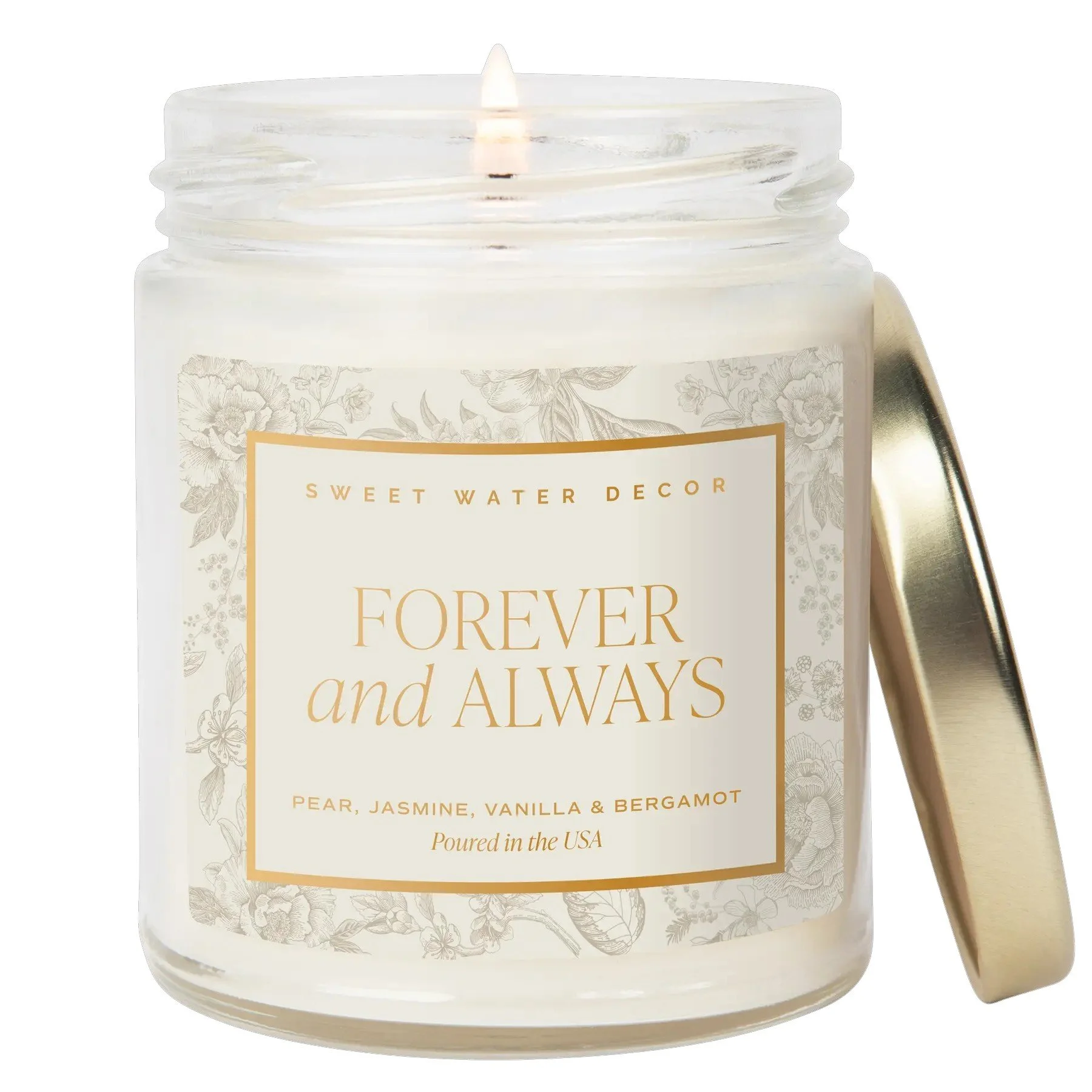 Luxury wedding candle with notes of pear, jasmine, vanilla, and bergamot in elegant glass vessel.