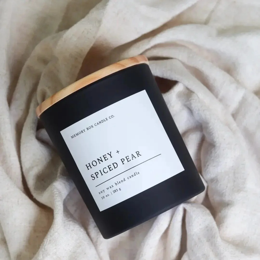 Cozy and warm honey spiced pear scented soy candle with 60 hour burn time.