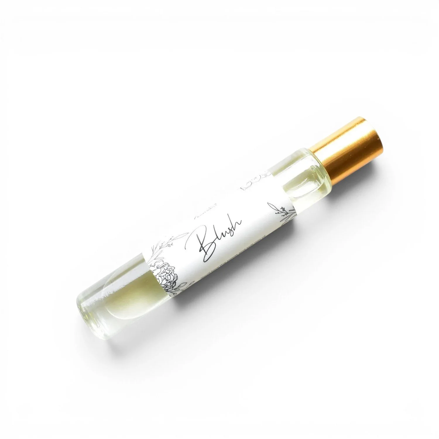 Room smells blush rollerball perfume in a recyclable glass bottle.