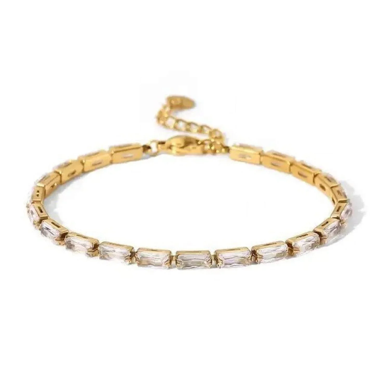 Close-up of Soulmate Baguette CZ Tennis Bracelet highlighting the sparkling baguette CZ stones, refined gold setting, and classic tennis bracelet design.