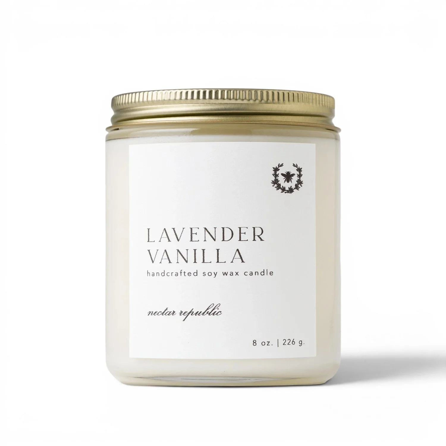 Lavender Vanilla scented soy candle made with premium essential oil fragrance.