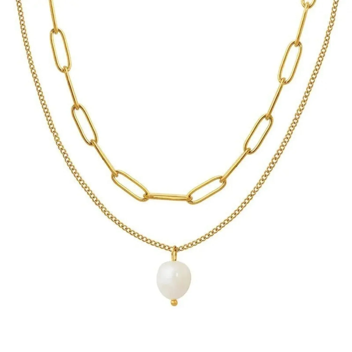 Freshwater Pearl Double Strand Gold Necklace featuring two layers of lustrous pearls with elegant gold accents for a timeless feminine look.