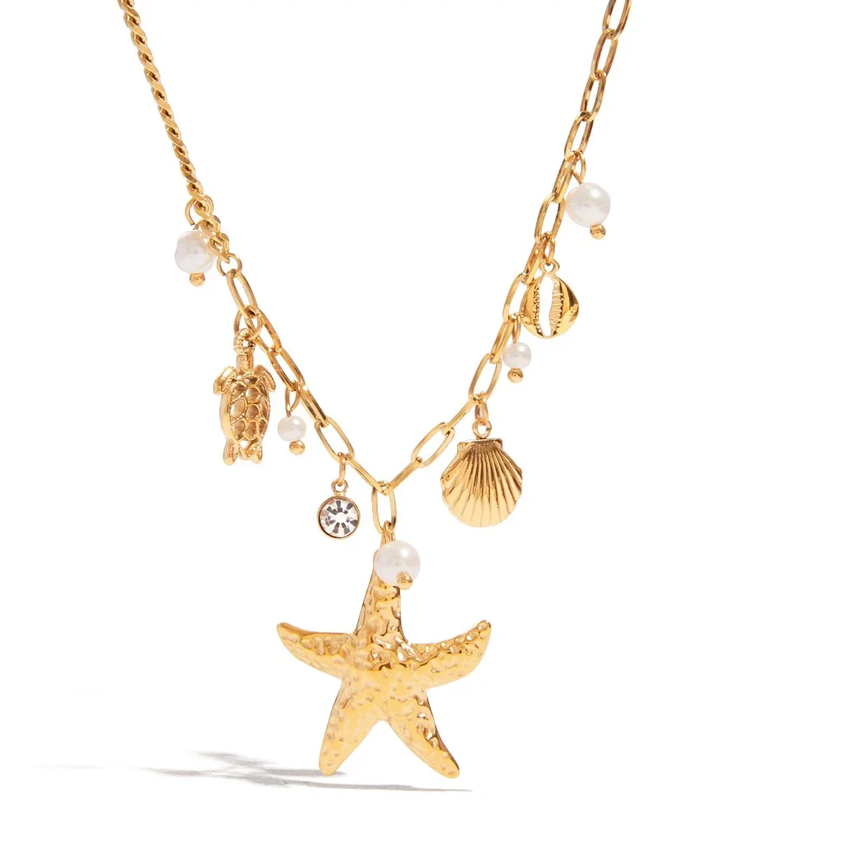 Gold Pearl Starfish Charm Necklace featuring a delicate starfish pendant, freshwater pearl accents, and a polished gold chain design inspired by coastal style.