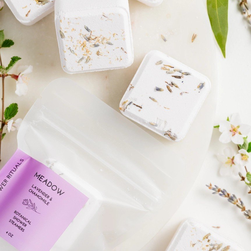 Calming and soothing lavender and chamomile scented shower steamers for self-care.
