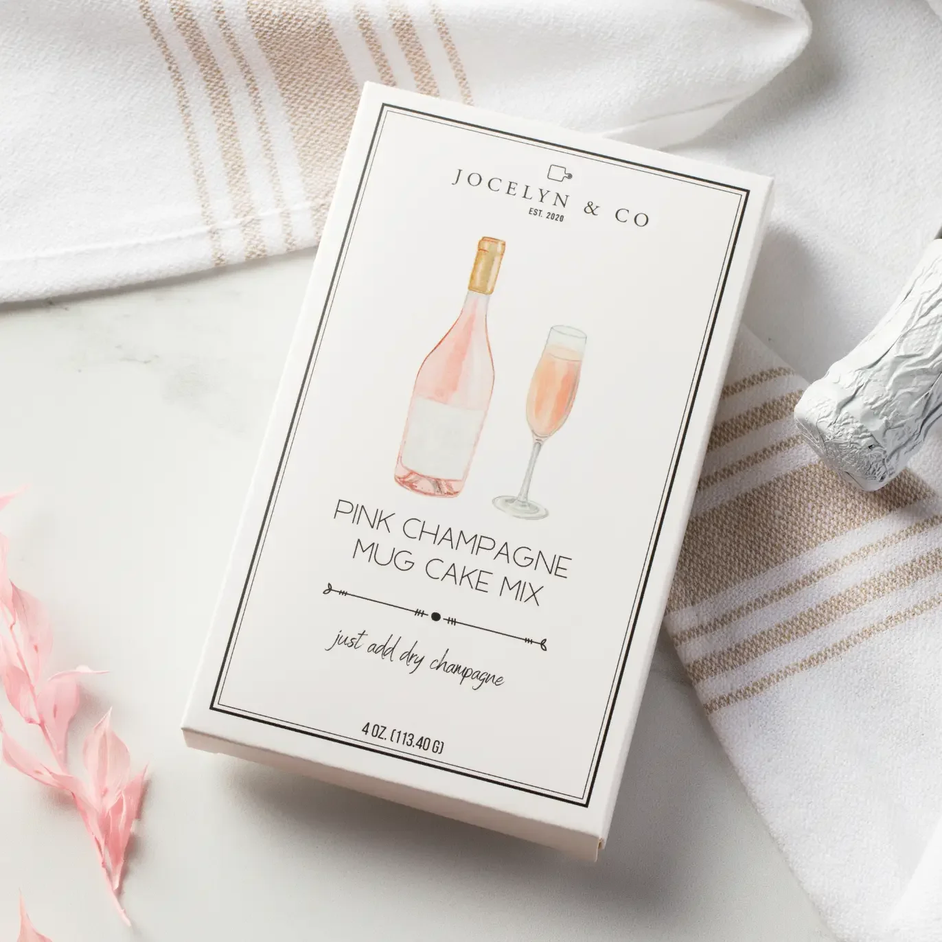 Pink champagne mug cake mix for a single-serve pink champagne-flavored dessert perfect for birthdays, wedding showers, bridal showers, anniversaries, and other celebrations.