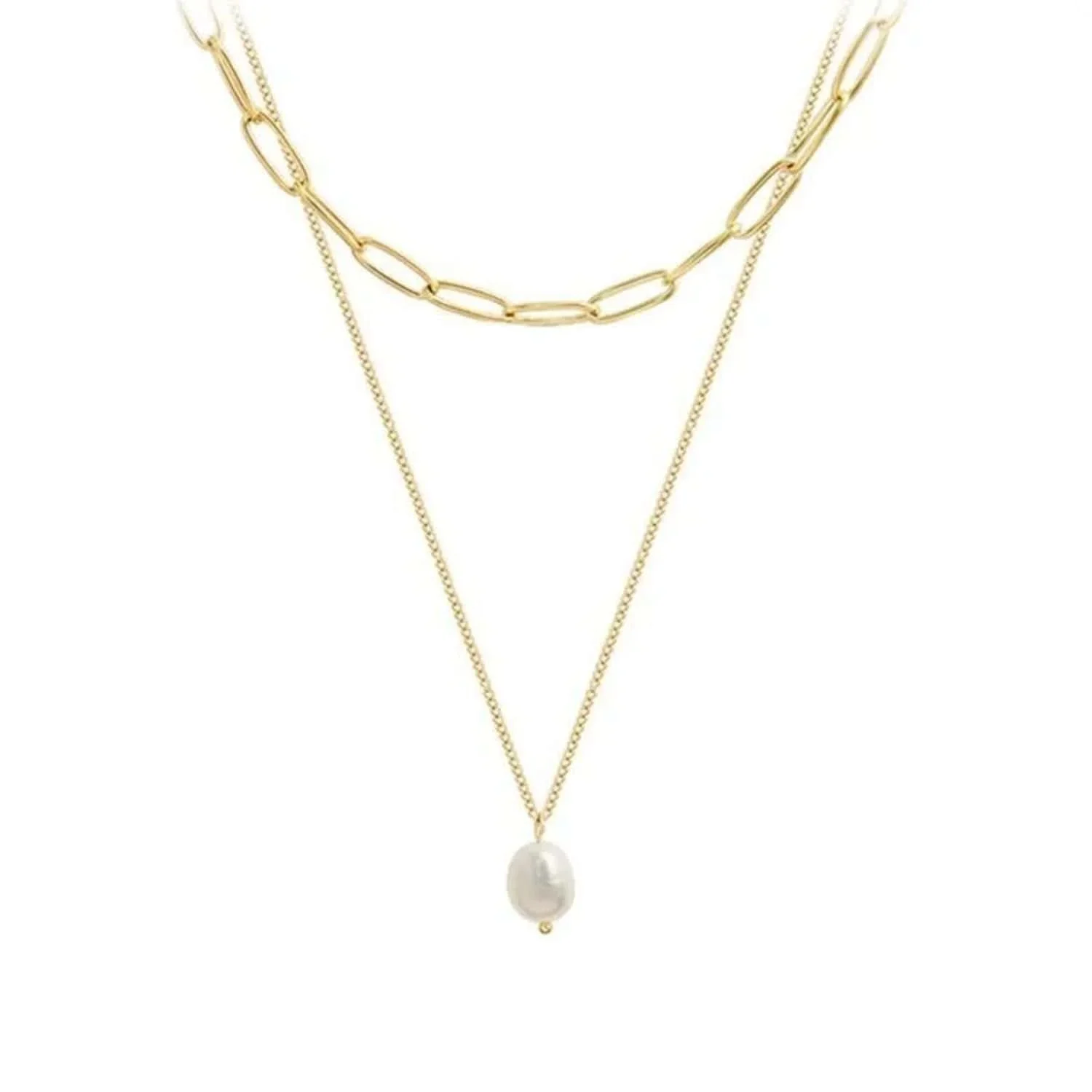 Close-up of Freshwater Pearl Double Strand Gold Necklace highlighting the natural pearl details, layered design, and polished gold finish.
