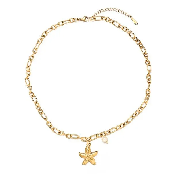 Gold Pearl Starfish Pendant Necklace featuring a delicate starfish charm, freshwater pearl accent, and polished gold finish inspired by coastal style.