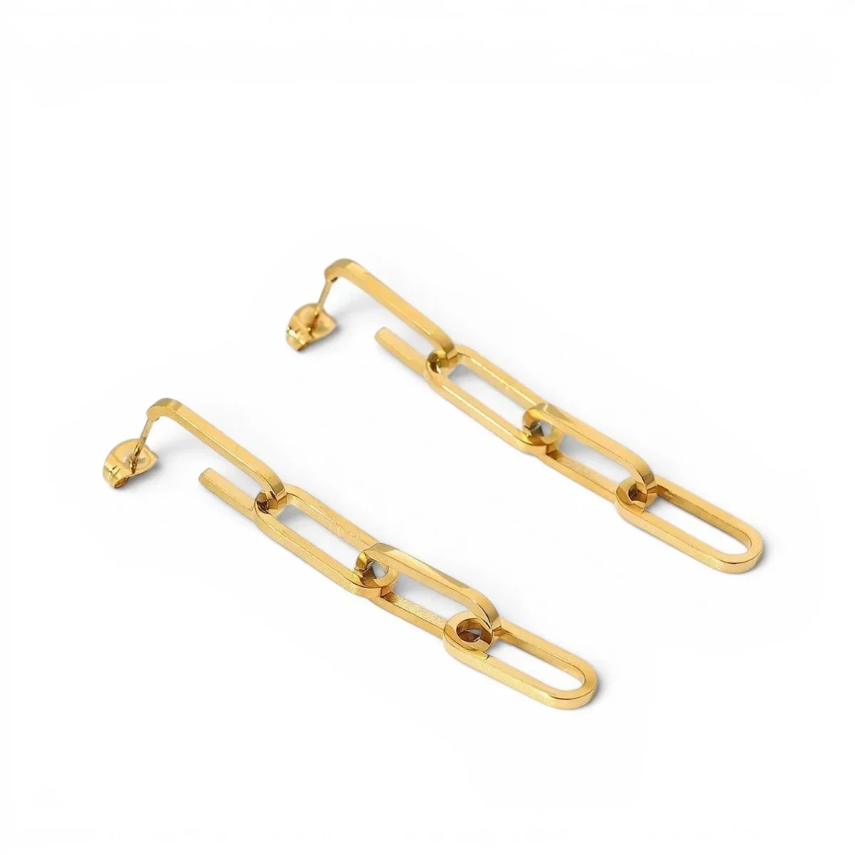 Close-up of Gold Chain Link Drop Earrings highlighting the detailed chain link texture, smooth gold finish, and sophisticated drop silhouette.