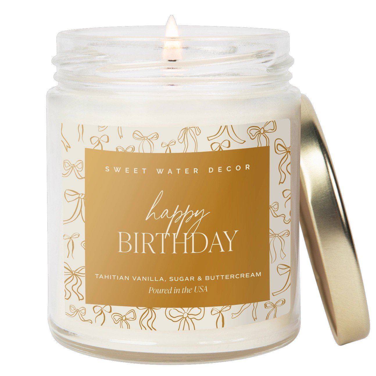 Happy Birthday scented soy candle featuring sweet fragrance notes of Tahitian vanilla, sugar, and buttercream.