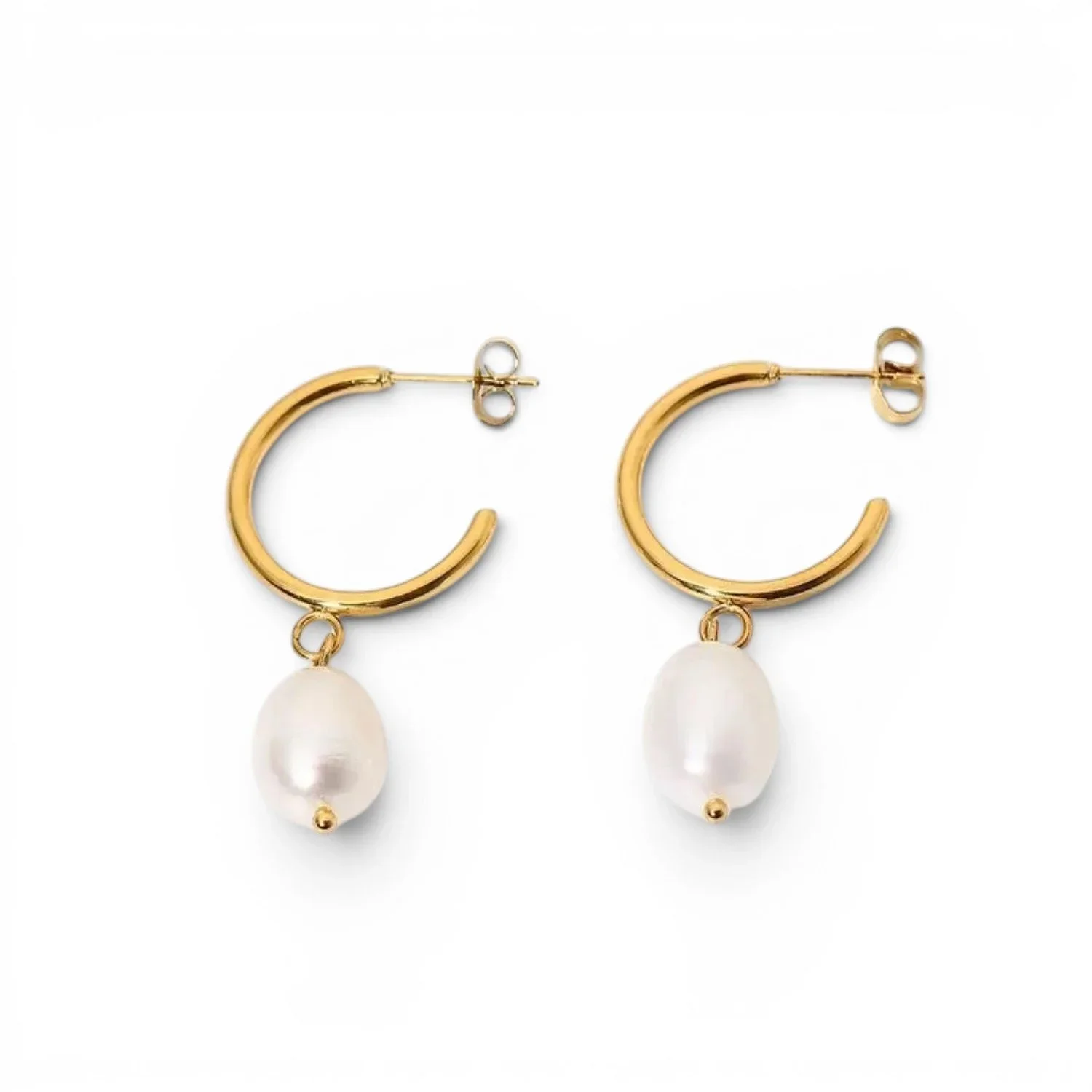 Aspen Gold Pearl Drop Hoop Earrings featuring delicate freshwater pearl drops with a polished gold hoop design and elegant feminine style.